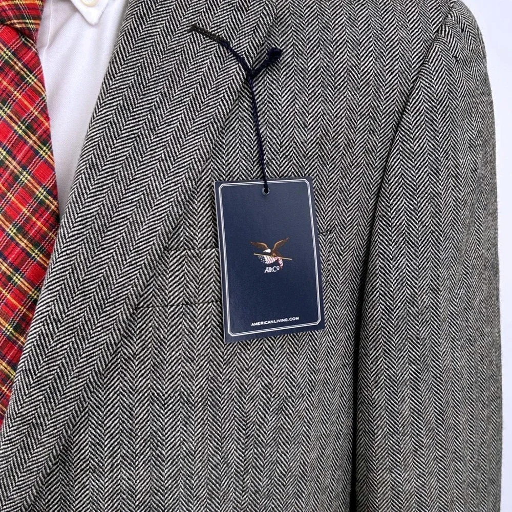 Mens Classic Herringbone Wool Blazer 40R Grey‎ Sport Coat American Living